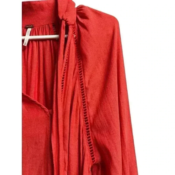 Free People Orange Tie Neck Long Sleeve Blouse Size Medium - Picture 6 of 10